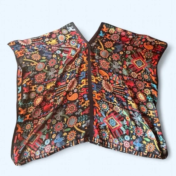 Pineda Covalin Mexico 100% Silk Poncho Huipil Huichol Spirit Pattern Black OS